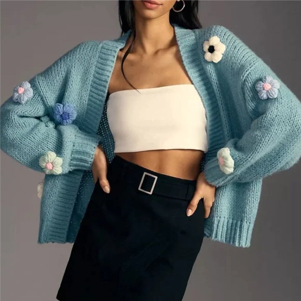Duchamp Blue 3D Embroidery Knit Flower Cardigan Anthropologie Vibe!